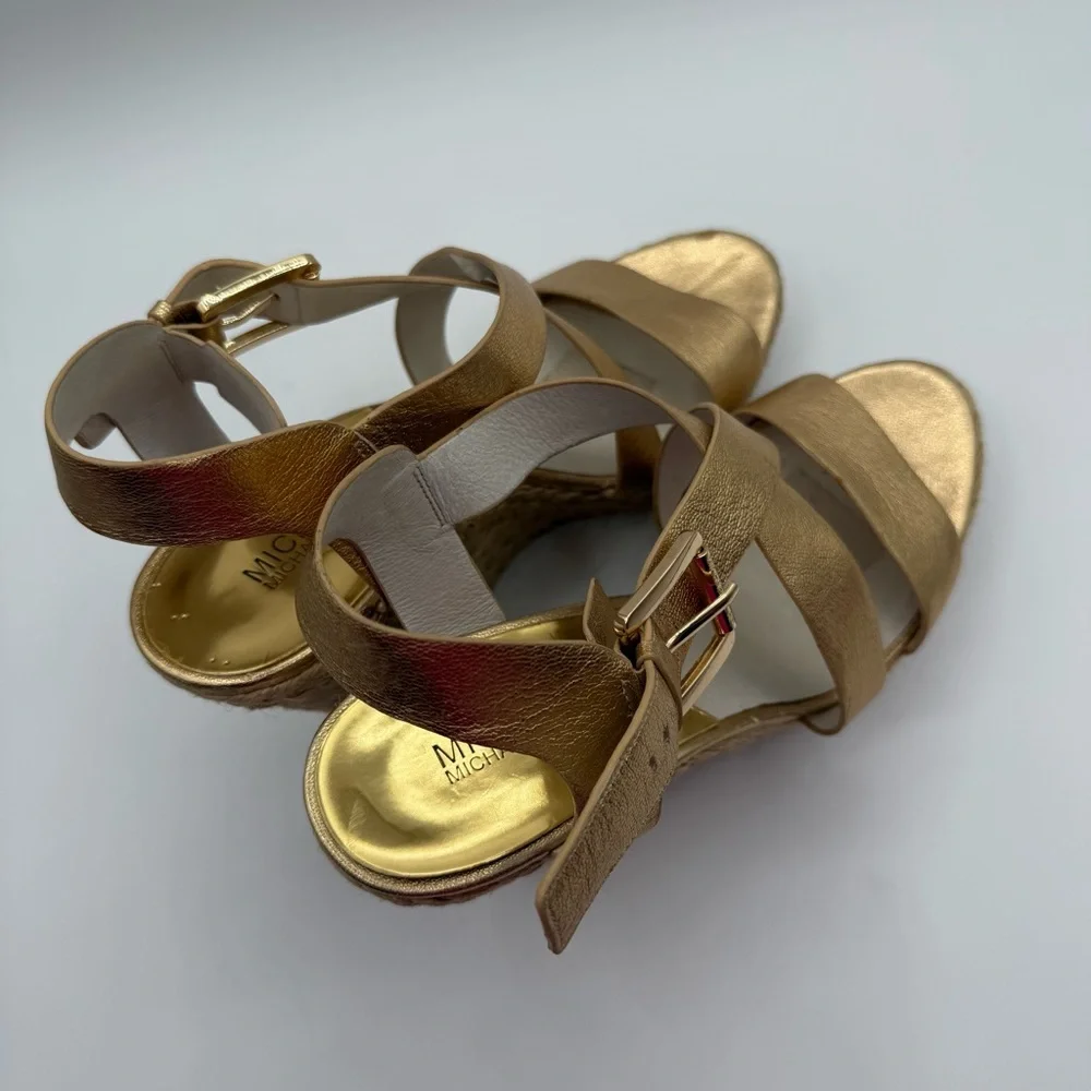 Michael Kors Metallic Gold Wedge-Platform Ankle Strap Espadrilles Size 11M - Picture 11 of 16